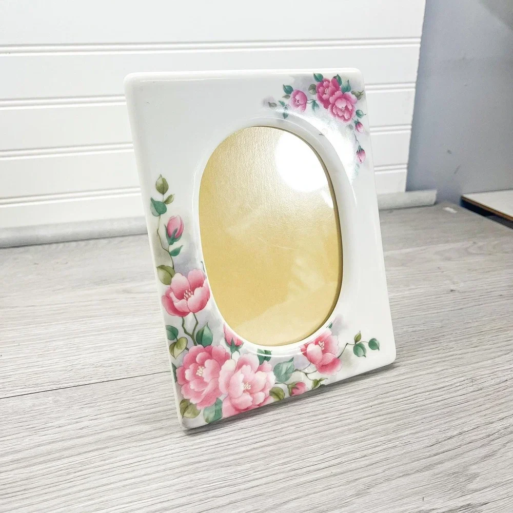 Vintage White Ceramic Picture Frame:‎ Pink Floral Cottagecore Decor